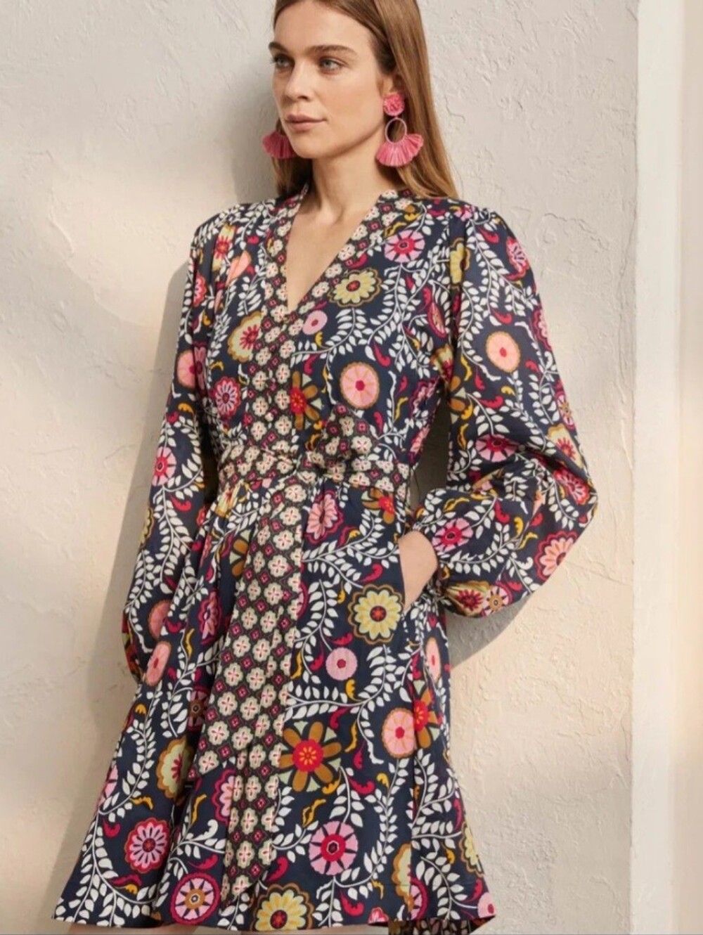 BODEN French Navy Opulent Garden Notch Collar Belted Midi Dress 14P - Picture 3 of 15